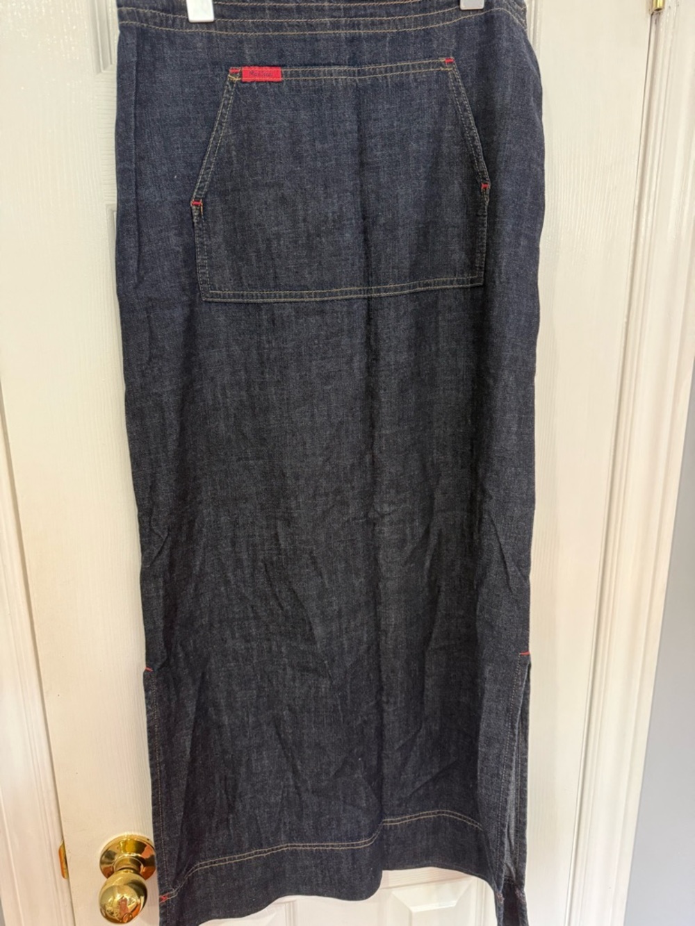 Mavi Dark Blue Denim Maxi Skirt with Red Stitch Accents